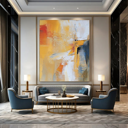 Contemporary abstract artwork featuring warm colors expressive brushstrokes and dynamic textures created with palette knife techniques. DLZ0899