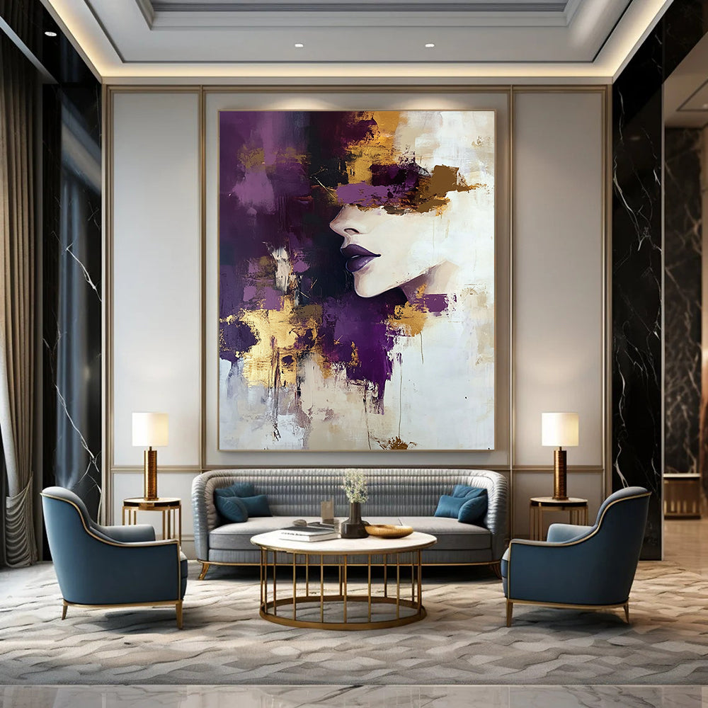 Contemporary hand-painted abstract art featuring a woman with purple and gold accents soft tones and thick brush strokes in a beige and white palette. DLZ0974