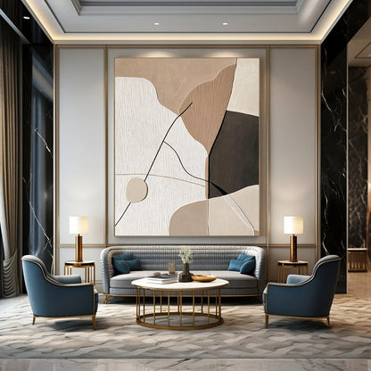 Contemporary abstract artwork featuring minimalist Japandi design with string and paper shapes on a beige background, accented with black and thick lines. DLZ1620