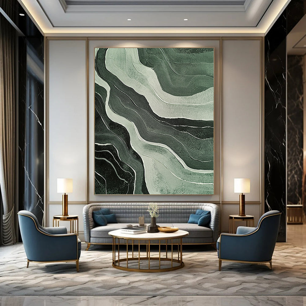 Contemporary hand-painted abstract artwork featuring ethereal green and white wavy lines on a black background with textured effects and muted colors. DLZ1686