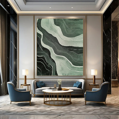Contemporary hand-painted abstract artwork featuring ethereal green and white wavy lines on a black background with textured effects and muted colors. DLZ1686