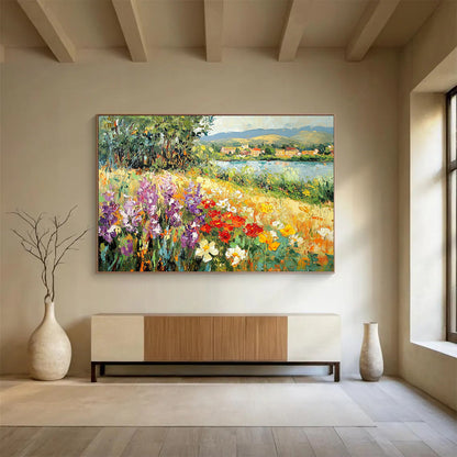 Flower - Filled Riverbank with Village View - Impressionistic Landscape Painting On Canvas HB0450