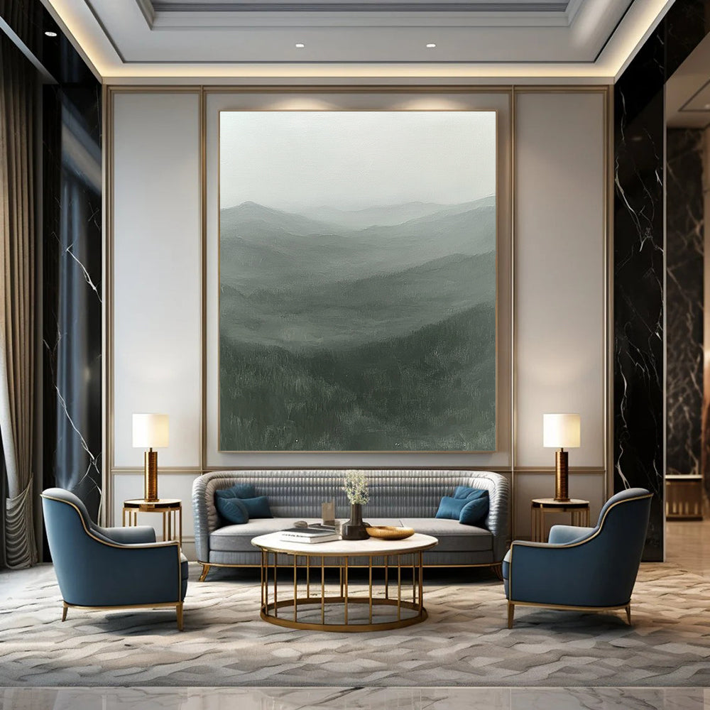 Contemporary hand-painted abstract artwork showcasing misty rugged mountains in serene greens and grays with an ethereal light, inviting solitude and mystery. DLZ0845