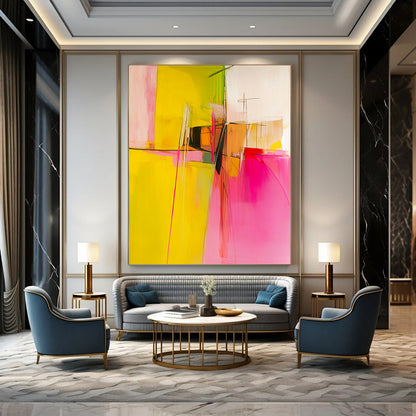 Contemporary abstract painting featuring pink and yellow hues, geometric shapes, and white space, evoking emotions through bold brushstrokes and soft curves. DLZ0719