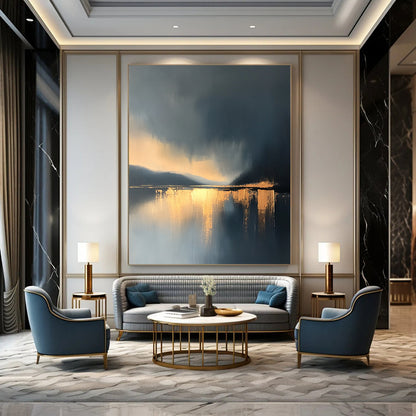 Large contemporary abstract painting features a lake and sky with golden light reflections and atmospheric clouds in minimalist modern art style. DLZ0470