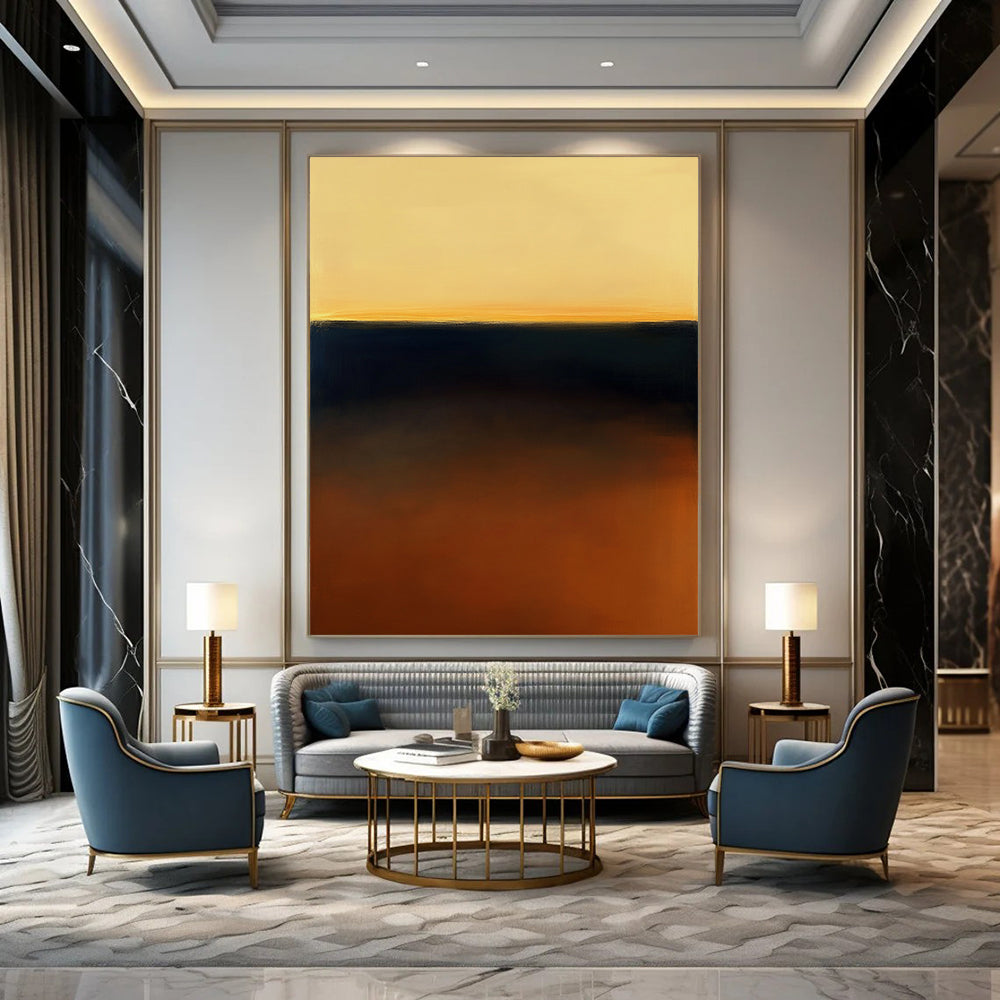 Contemporary abstract art featuring a stunning amber and navy gradient reflecting the golden hour inspired by Mark Rothko's style. DLZ1356