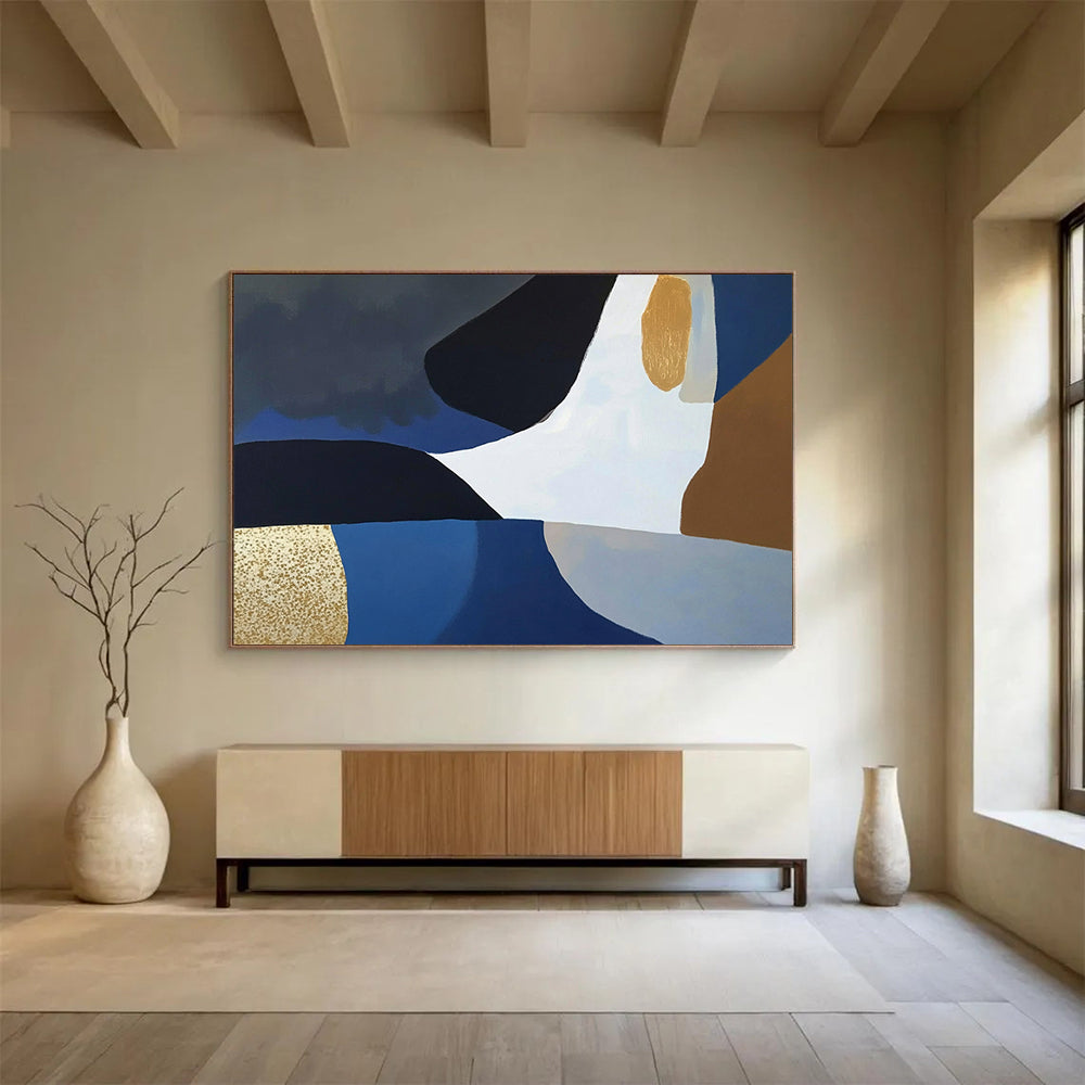 “Blue - Black - Gold Geometric Abstract” - Modernist Painting On Canvas HB0514