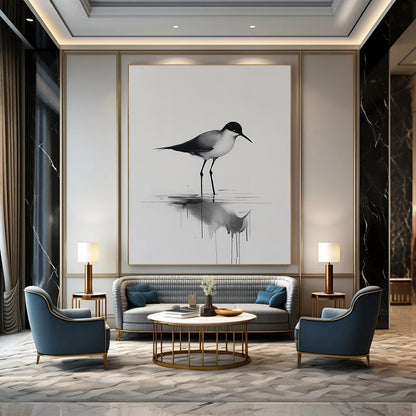 Contemporary hand-painted abstract art features a minimalist bird walking on water with reflections and ripples on a neutral background. DLZ1144