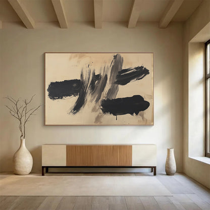 “Subtle Black - Beige Marks” - Black, Gray, Beige, Minimalist Brushstrokes - Ink Painting HB1629