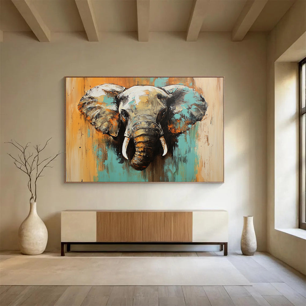 “Colorful Elephant Portrait” - Teal, Orange, Gray, Expressive Animal Painting On Canvas HB1002