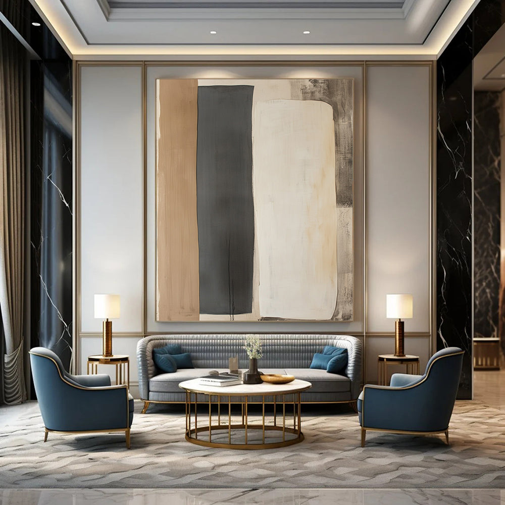 Contemporary hand-painted abstract art featuring two minimalist shapes in light gray and dark beige on a wall-mounted paper display. DLZ1326