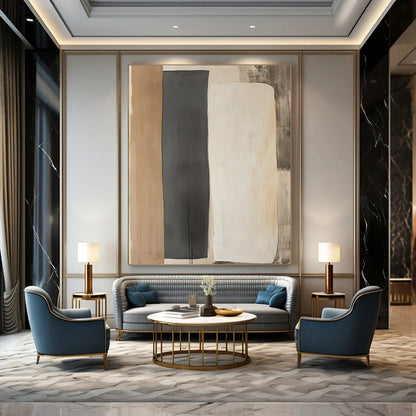 Contemporary hand-painted abstract art featuring two minimalist shapes in light gray and dark beige on a wall-mounted paper display. DLZ1326