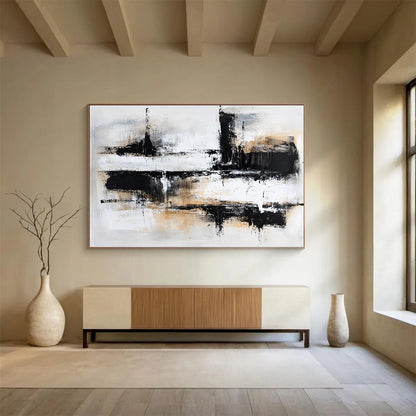 “Monochrome Textured Abstract” - Black, White, Beige with Layered Textures - Painting On Canvas HB1370