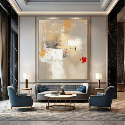 Contemporary hand-painted abstract artwork featuring neutral tones with red and yellow accents large white spaces and dynamic brush strokes and textures. DLZ0922