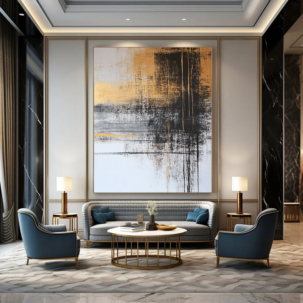Contemporary abstract painting with gold and gray tones features black ink lines and serene water imagery, adorned with delicate plant figures for a tranquil feel. DLZ1273