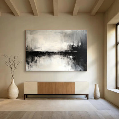 “Abstract Black - White Water Reflection” - Black, White, Reflective Textures Painting On Canvas HB0798