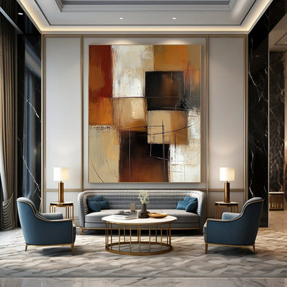 Contemporary hand-painted abstract art features warm brown and beige blocks with white accents showcasing visible brush strokes and soft edges. DLZ0978