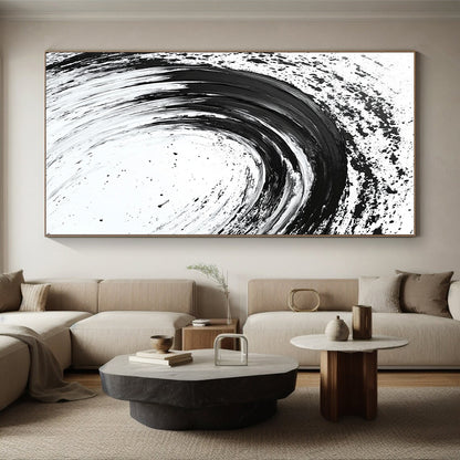 Black Curved Brushstrokes on White - “Flowing Ink Rhythm” Painting On Canvas HB216