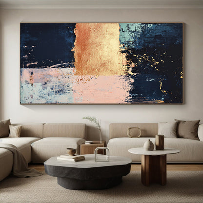 Dark Blue, Light Blue, Pink, Gold, Geometric Blocks "Coastal Opulence" Abstract Painting On Canvas HB031