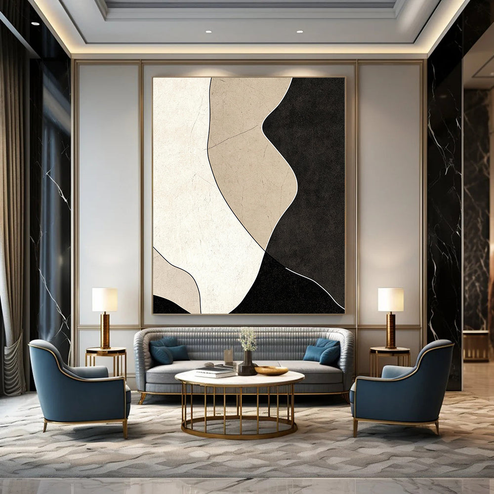 Contemporary abstract painting featuring black and beige shapes on a dark gray background with textured details and smooth curves for a modern aesthetic. DLZ1194