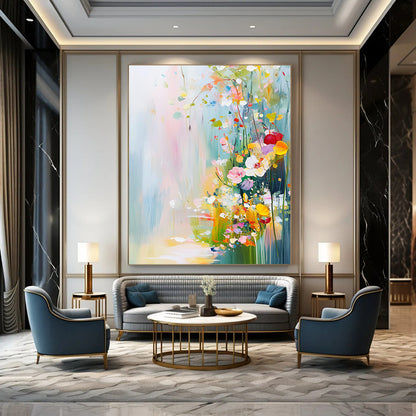 Contemporary abstract painting featuring vibrant flowers and plants in pastel colors with soft brushstrokes creating a tranquil springtime landscape. DLZ0413