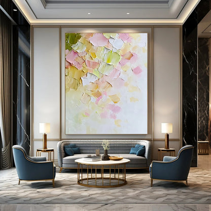 Contemporary hand-painted abstract art features soft pastel petals on textured canvas evoking warmth and serenity in a minimalist springtime style. DLZ1192