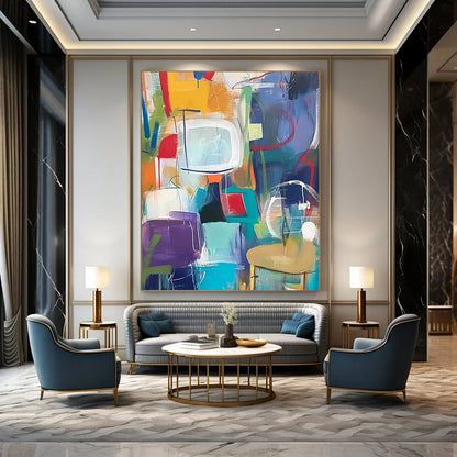 Contemporary abstract artwork features vibrant shapes and playful forms with lively backgrounds of everyday objects for a fun decor enhancement. DLZ0944