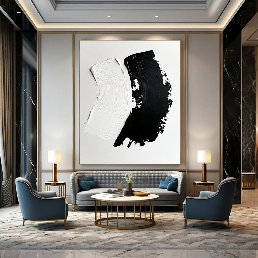 Contemporary hand-painted abstract art featuring dynamic black brushstrokes on white canvas showcasing depth and contrast in an engaging composition. DLZ1746