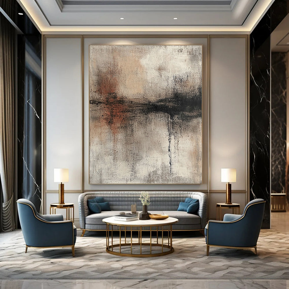 Contemporary hand-painted abstract artwork with a textured surface in neutral colors and muted tones showcasing a distressed look. DLZ0721