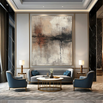 Contemporary hand-painted abstract artwork with a textured surface in neutral colors and muted tones showcasing a distressed look. DLZ0721