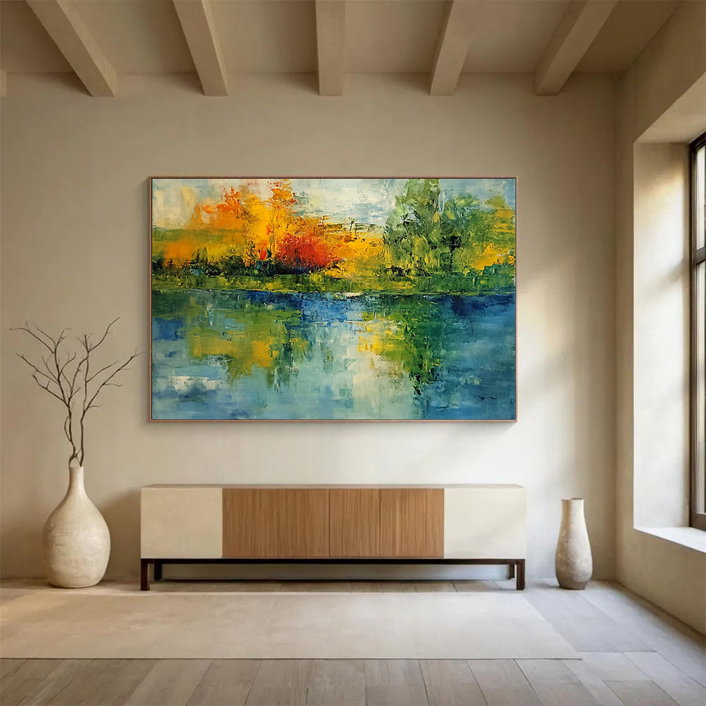 “Colorful Lake Reflection” - Green, Blue, Yellow, Abstract Tree Reflections Painting On Canvas HB0949