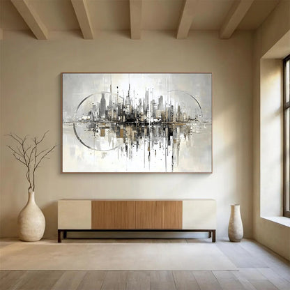 “Abstract Cityscape Reflection” - Gray, Beige, City, Reflection Painting On Canvas HB0765