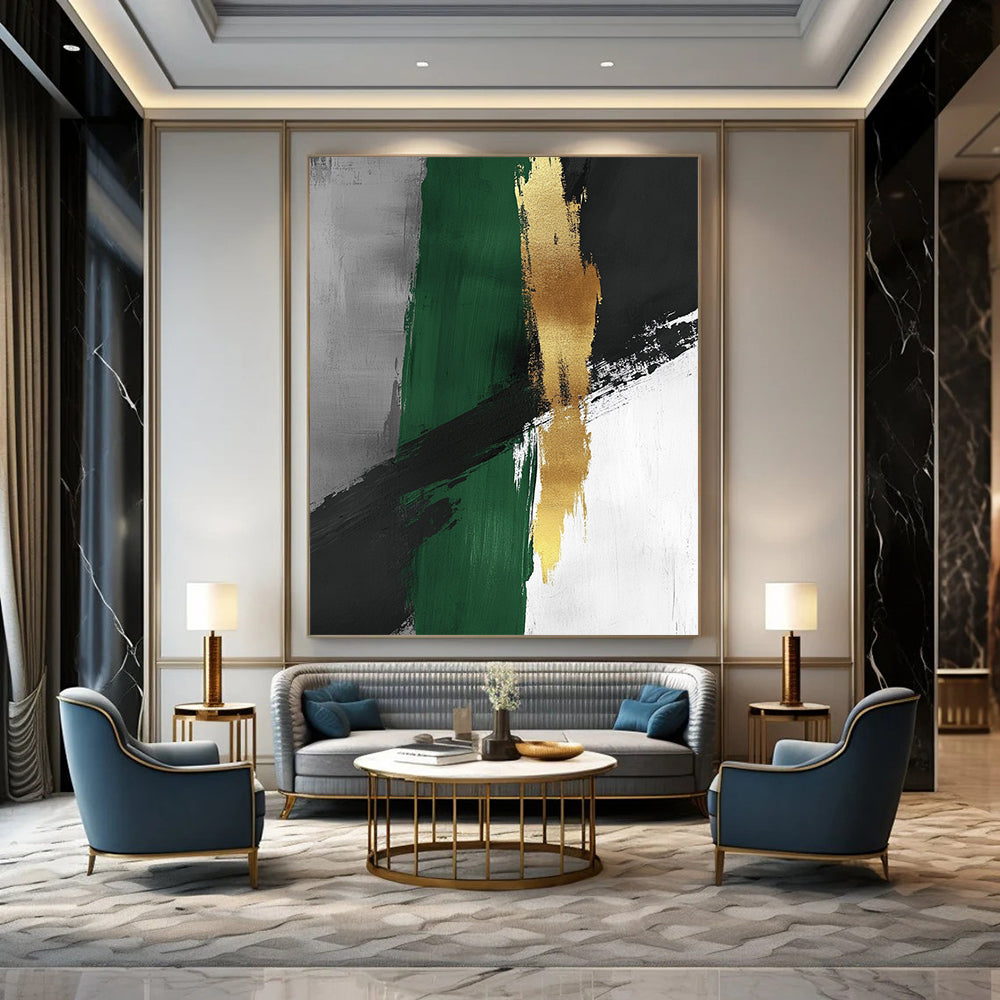 Contemporary abstract artwork featuring minimalist brush strokes in green and grey with luxurious gold accents, creating a serene and sophisticated ambiance. DLZ1615