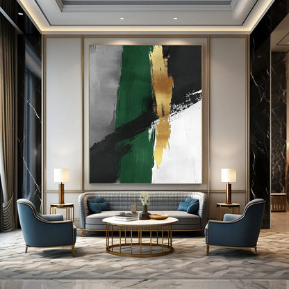 Contemporary abstract artwork featuring minimalist brush strokes in green and grey with luxurious gold accents, creating a serene and sophisticated ambiance. DLZ1615