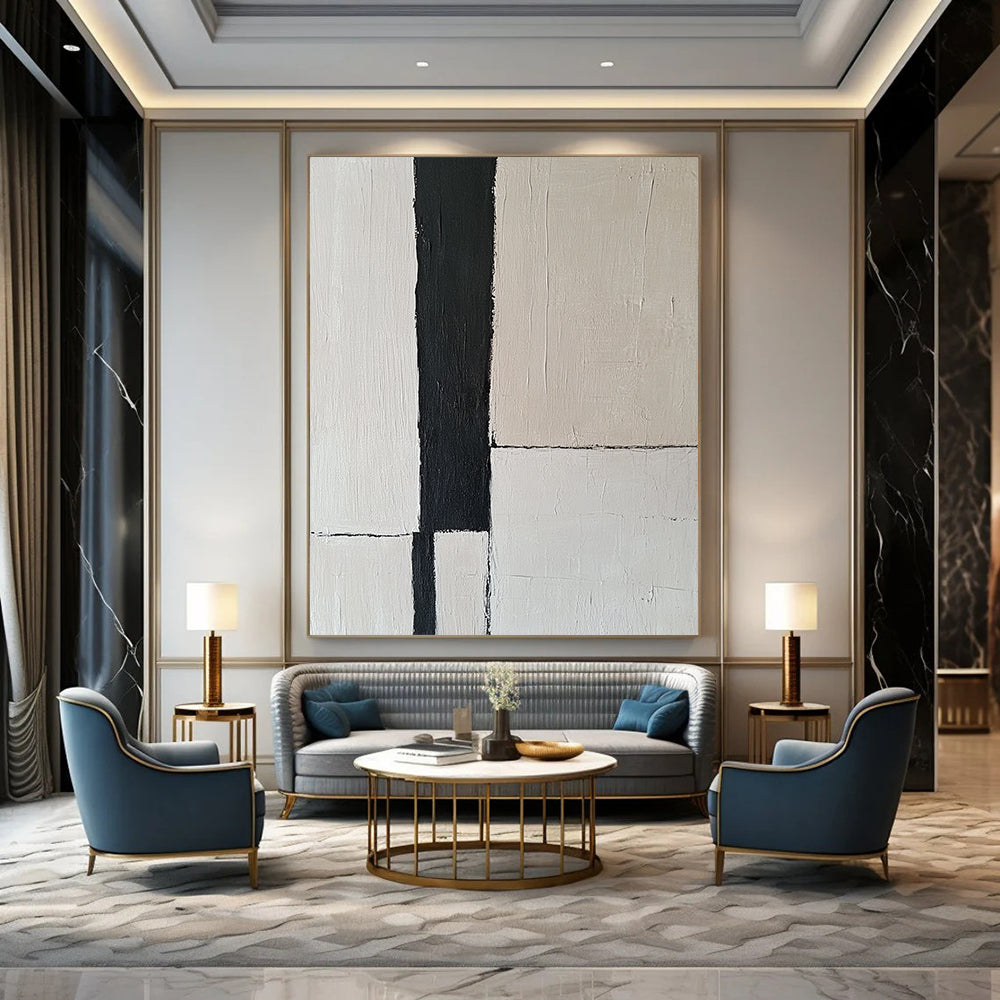 Contemporary abstract artwork features an off-white wall with a striking black vertical stripe, embodying the essence of minimalism through simple lines. DLZ1318