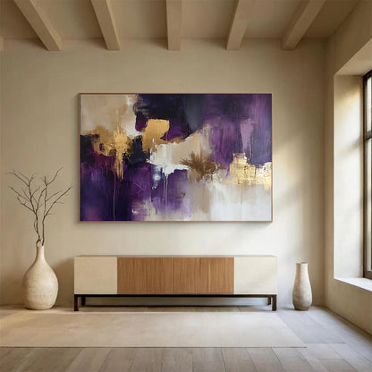 “Purple Gold Abstract” - Purple, Gold, Beige, White, Flowing Forms - Painting On Canvas HB1420