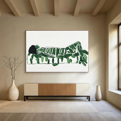 “Green - Leafed Figure” - Green leaves, black lines, Figurative Abstract Painting On Canvas HB0559