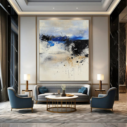 Contemporary large abstract painting featuring pale colors with dark blue and gray tones ethereal landscape textured canvas dreamlike atmosphere harmonious composition. DLZ0942