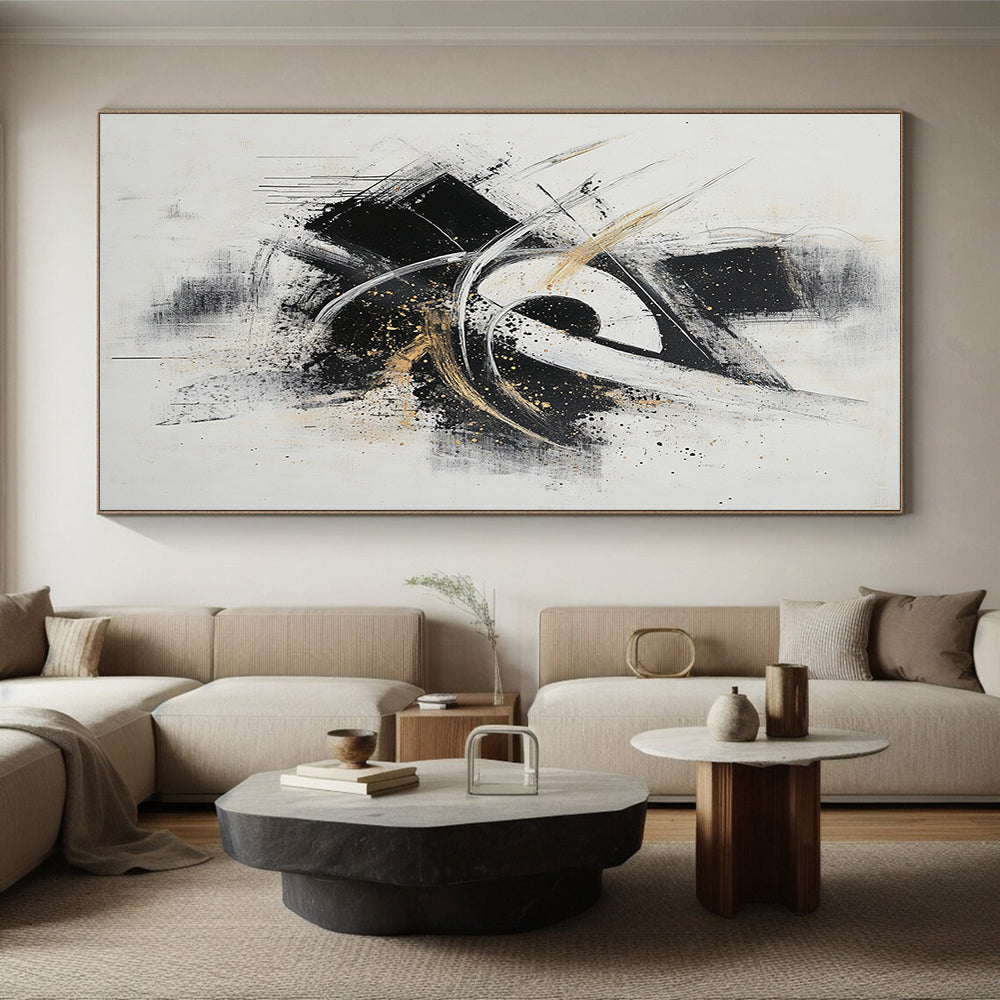 Black, White, Gray, Gold, Dynamic Swirls "Gilded Motion" Abstract Expressionist Painting On Canvas HB071