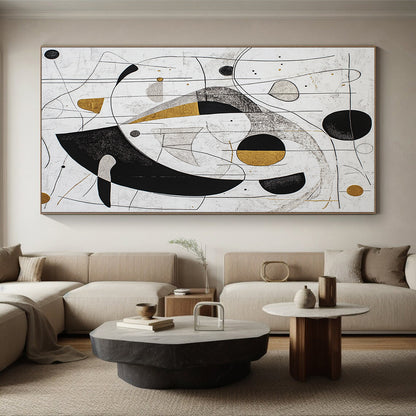 White, Black, Gold, Silver, Geometric Swirls "Gilded Geometry" Abstract Modernist Painting On Canvas HB089