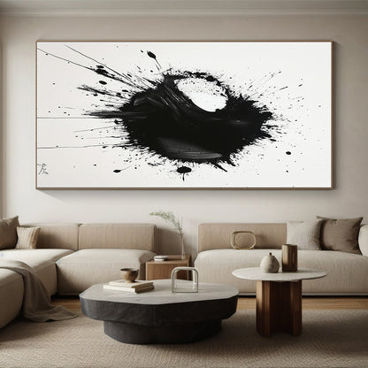 Black Asymmetric Splatter on White - “Unbalanced Ink Drama” Painting On Canvas HB219