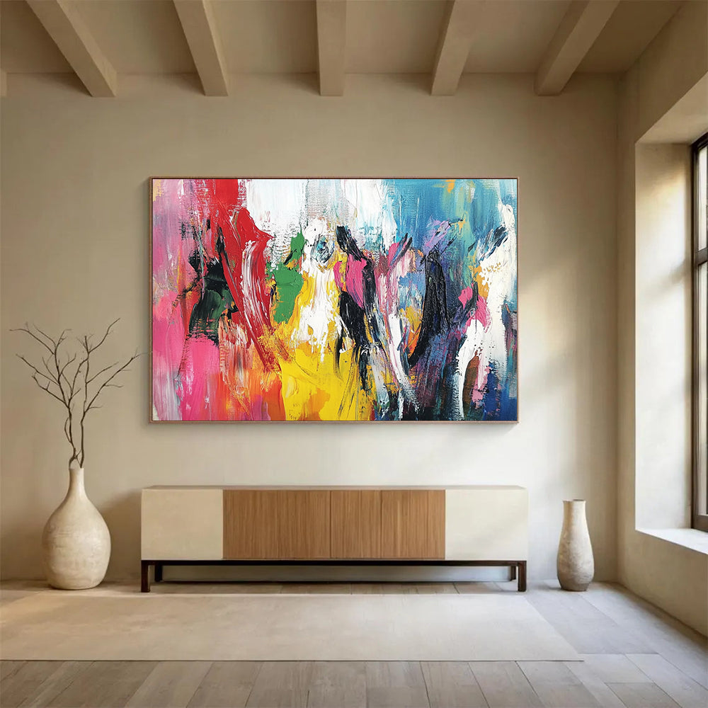 “Rainbow Figure Abstract” - Red, Yellow, Green, Blue, Pink with Colorful Forms - Painting On Canvas HB1375