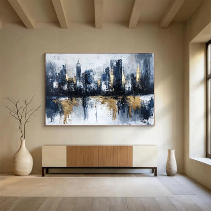 “Gilded City Skyline Reflection” - Gray, Blue, Gold, Abstract Cityscape with Water Mirroring Painting On Canvas HB1097