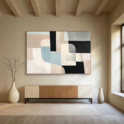 “Neutral Geometric Abstract” - Beige, Black, Blue, Gray, Geometric Forms - Painting On Canvas HB1425