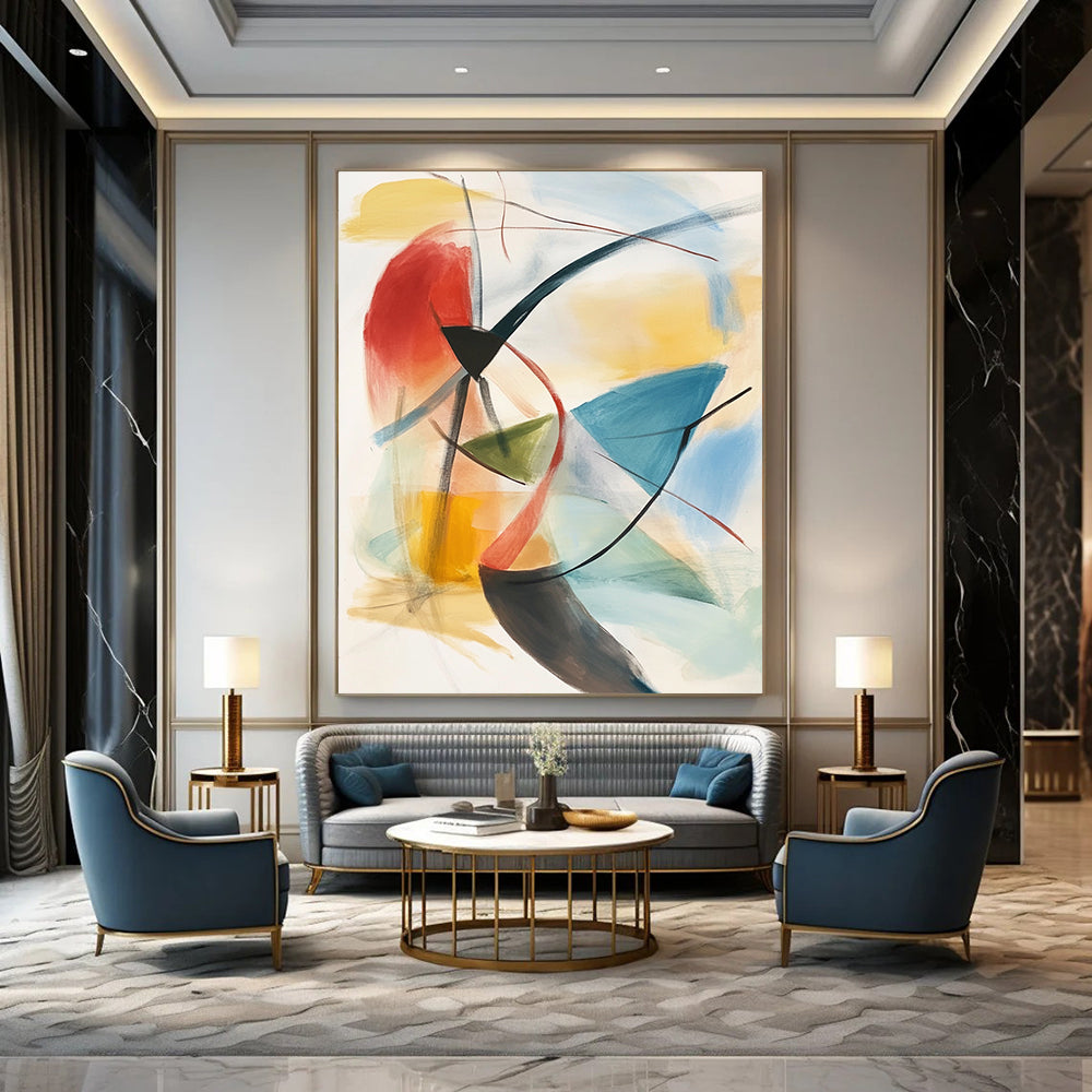 Contemporary hand-painted abstract artwork features soft pastels and geometric shapes with dynamic brushwork and layered depth for a striking visual experience. DLZ1393