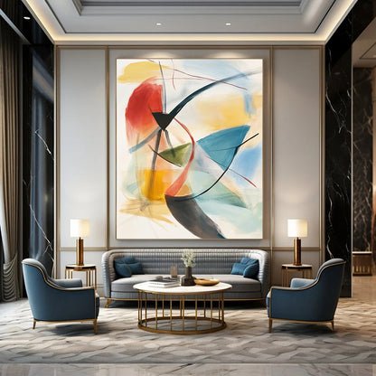 Contemporary hand-painted abstract artwork features soft pastels and geometric shapes with dynamic brushwork and layered depth for a striking visual experience. DLZ1393