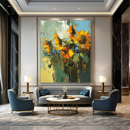 Vibrant contemporary abstract painting capturing sunflowers in a striking palette, showcasing bold brushstrokes and dynamic texture. DLZ0645