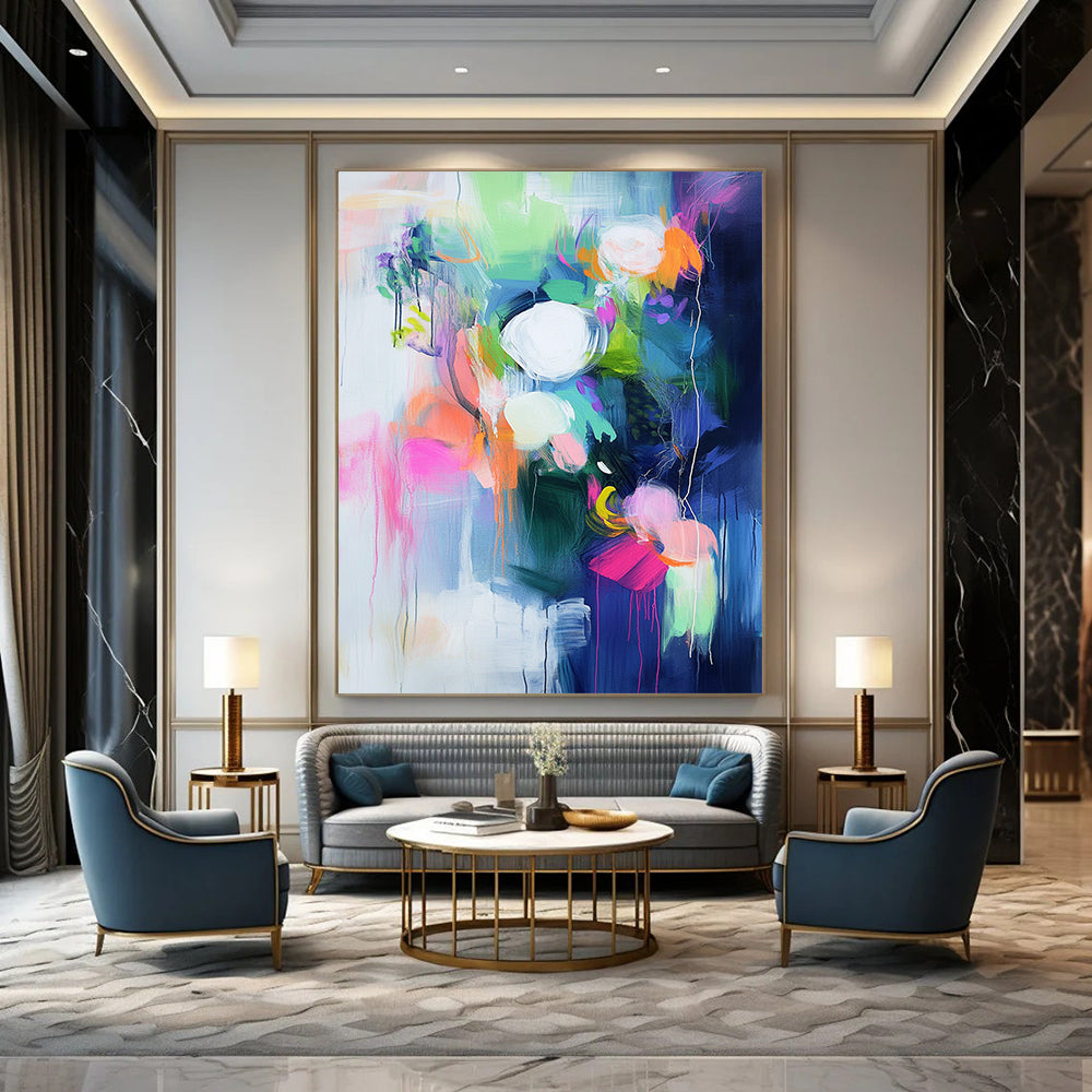 Large contemporary hand-painted abstract art with bright colors bold brushstrokes vibrant shapes and soft lighting creating emotional depth and atmosphere. DLZ1029