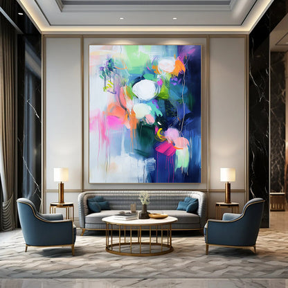 Large contemporary hand-painted abstract art with bright colors bold brushstrokes vibrant shapes and soft lighting creating emotional depth and atmosphere. DLZ1029