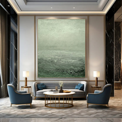 Contemporary hand-painted abstract art featuring a serene gray-green sea with ripples and soft clouds creating a tranquil atmosphere. DLZ1276